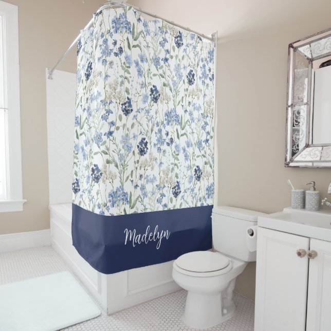 Blue Watercolor Wildflower Monogram Name Shower Curtain (In Situ)