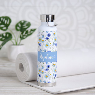 Blue Watercolor Wildflower Monogram Name Water Bottle