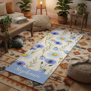 Blue Watercolor Wildflower Monogram Name Yoga Mat