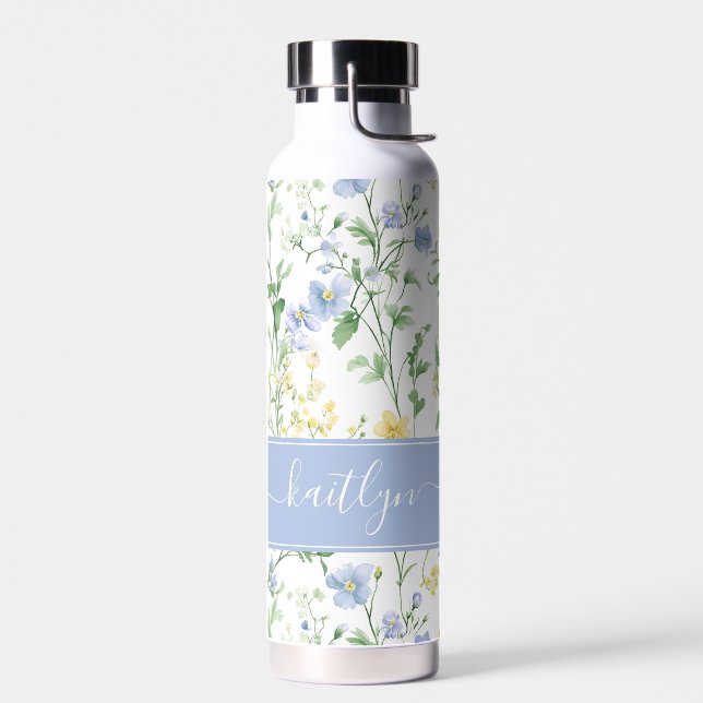 Blue Watercolor Wildflower Monogram Water Bottle (Left)