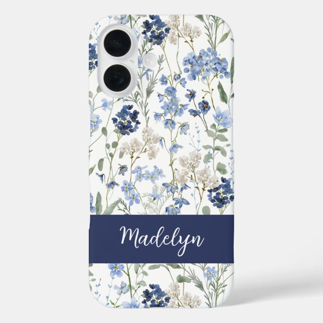 Blue Watercolor Wildflower Name Case-Mate iPhone Case (Back)