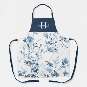 Blue Watercolor Wildflower Name Monogram Apron