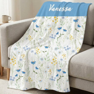 Blue Watercolor Wildflower Name Monogram Fleece Blanket