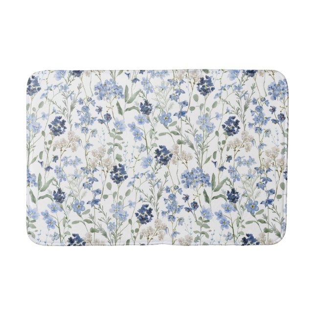 Blue Watercolor Wildflower Pattern Bath Mat (Front)
