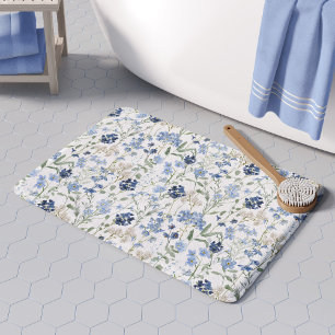 Blue Watercolor Wildflower Pattern Bath Mat