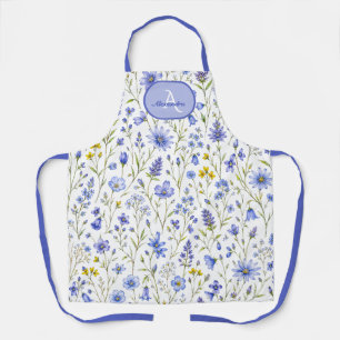 Blue Watercolor Wildflower Pattern Custom Name Apron
