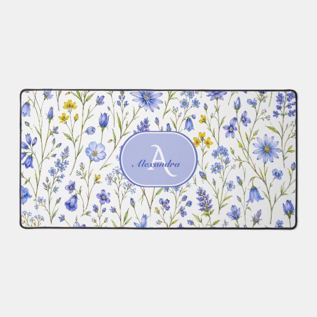 Blue Watercolor Wildflower Pattern Custom Name Desk Mat (Front)