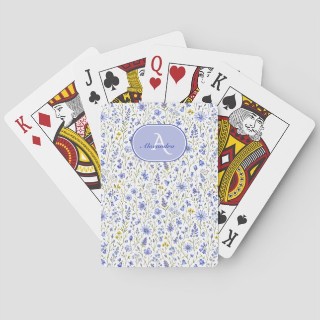 Blue Watercolor Wildflower Pattern Custom Name Playing Cards (Back)