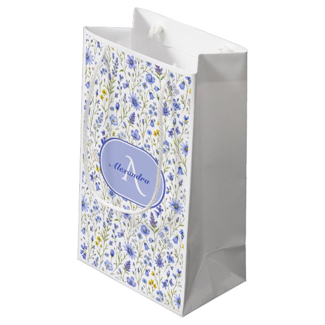 Blue Watercolor Wildflower Pattern Custom Name Small Gift Bag (Back Angled)