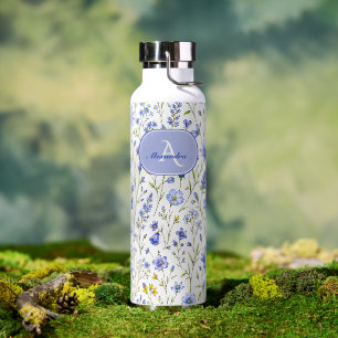 Blue Watercolor Wildflower Pattern Custom Name Water Bottle