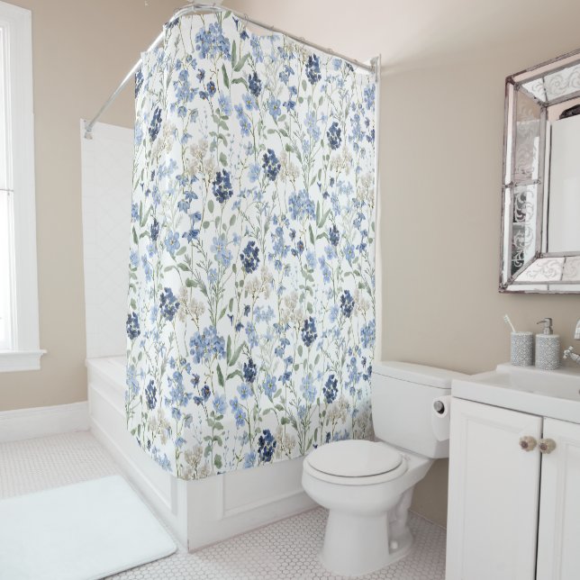 Blue Watercolor Wildflower Pattern Shower Curtain (In Situ)