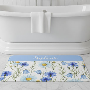 Blue Watercolor Wildflower Personalized Bath Mat