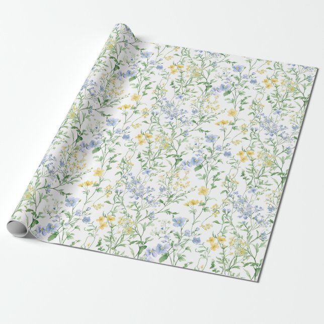 Blue Watercolor Wildflower Wrapping Paper (Unrolled)
