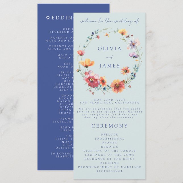 Blue Watercolor Wildflower Wreath Wedding Programme (Front/Back)