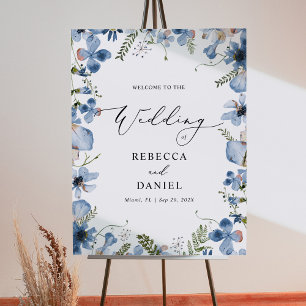 Blue Watercolor Wildflowers Boho Wedding Poster