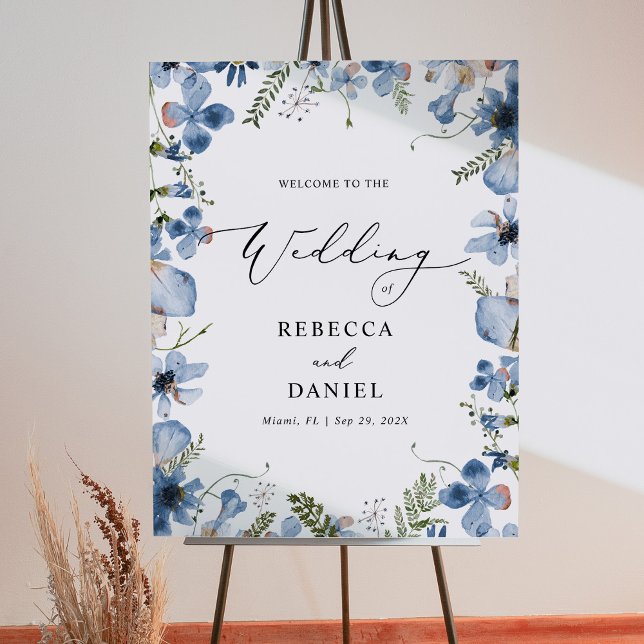 Blue Watercolor Wildflowers Boho Wedding Poster (Creator Uploaded)