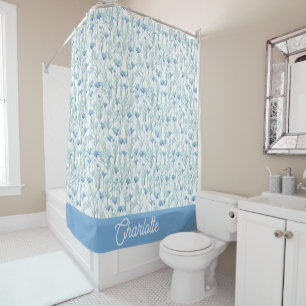 Blue watercolor wildflowers custom name apron shower curtain