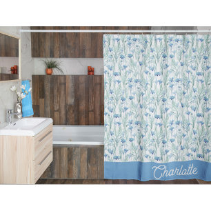 Blue watercolor wildflowers custom name apron shower curtain