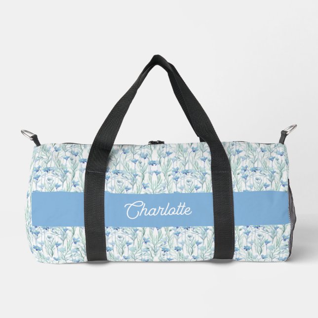 Blue watercolor wildflowers custom name duffle bag (Front)