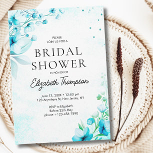 Blue Watercolor Wildflowers Modern Bridal Shower Invitation