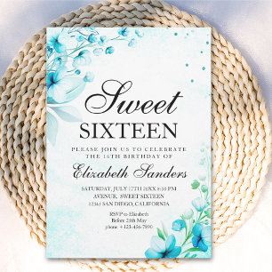 Blue Watercolor Wildflowers Modern Sweet Sixteen Invitation
