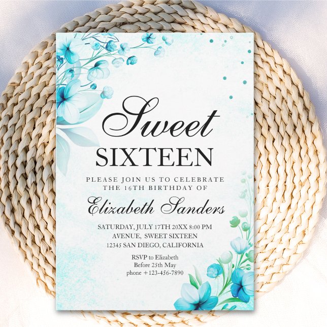  Blue Watercolor Wildflowers Modern Sweet Sixteen Invitation (Creator Uploaded)