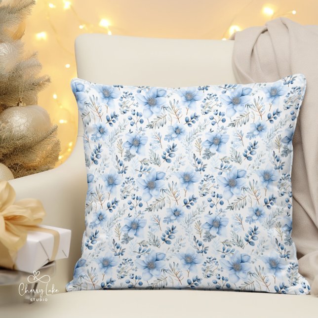 Blue Watercolor Winter Florals  Cushion (Creator Uploaded)