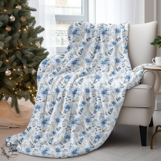 Blue Watercolor Winter Florals  Sherpa Blanket (Creator Uploaded)