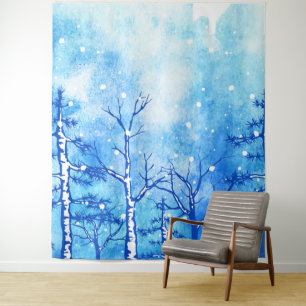 Blue Watercolor Winter Landscape Tapestry