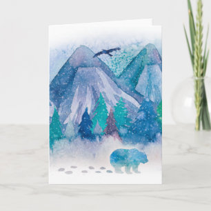 Blue Watercolor Winter Mountain Landscape Art Card