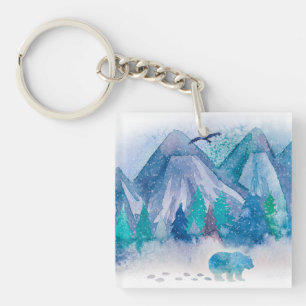 Blue Watercolor Winter Mountain Landscape Art Key Ring