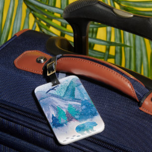 Blue Watercolor Winter Mountain Landscape Art Luggage Tag
