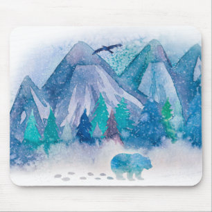 Blue Watercolor Winter Mountain Landscape Art Mouse Pad