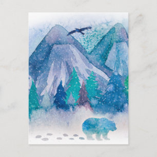 Blue Watercolor Winter Mountain Landscape Art Postcard