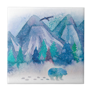 Blue Watercolor Winter Mountain Landscape Art Tile