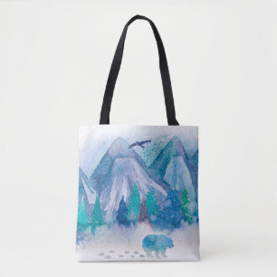 Blue Watercolor Winter Mountain Landscape Art Tote Bag