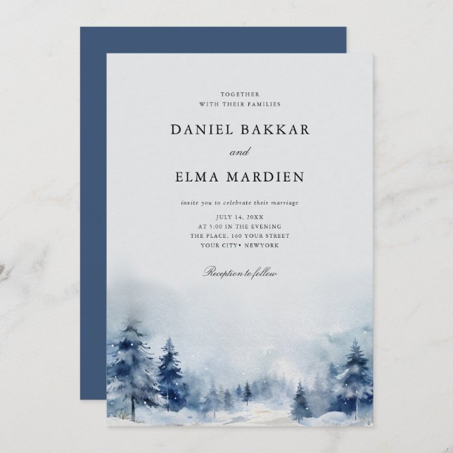 Blue Watercolor winter pine trees forest wedding   Invitation (Front/Back)