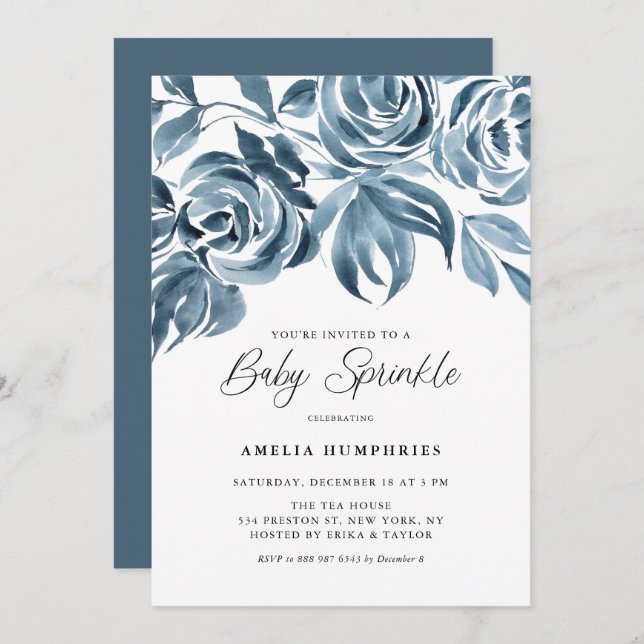 Blue Watercolor Winter Roses Baby Sprinkle Shower Invitation (Front/Back)