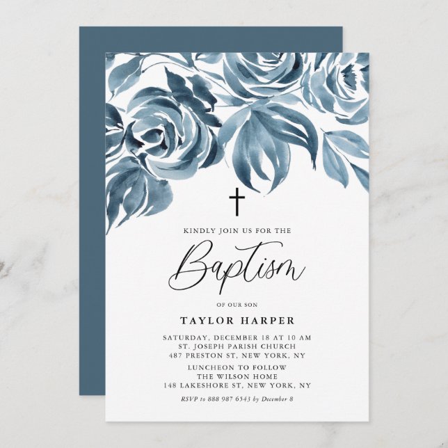 Blue Watercolor Winter Roses Bouquet Baptism Invitation (Front/Back)