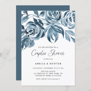 Blue Watercolor Winter Roses Couples Shower Invitation