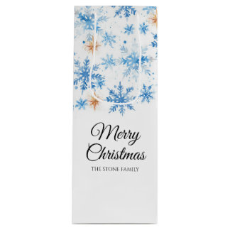 Blue Watercolor Winter Snowflake Merry Christmas Wine Gift Bag
