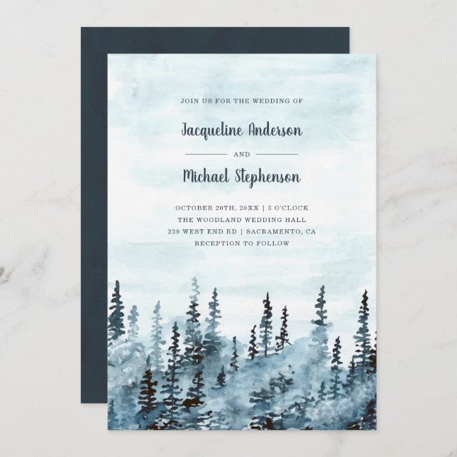 Blue Watercolor Winter Woodland Rustic Wedding Invitation (Front/Back)