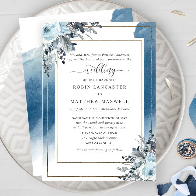 Blue Watercolor with Blue Floral, Parents Hosting Invitation (Creator Uploaded)