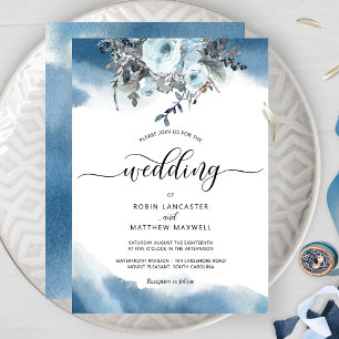 Blue Watercolor with Elegant Blue Floral Wedding Invitation