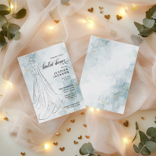 Blue Watercolor with Gold Glitter Bridal Shower Invitation