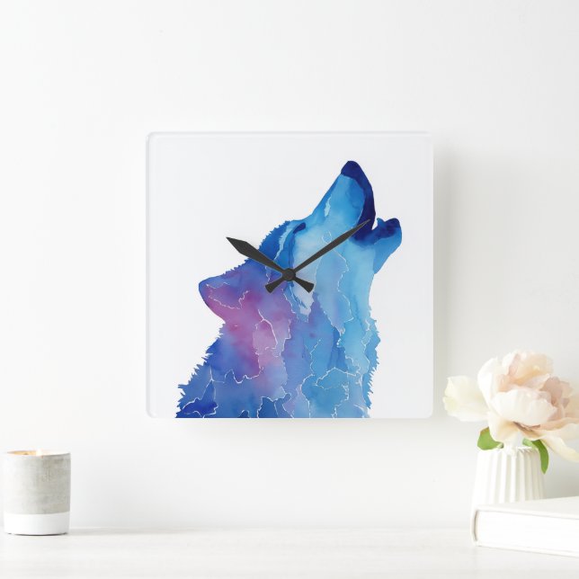Blue watercolor wolf howling square wall clock (Home)