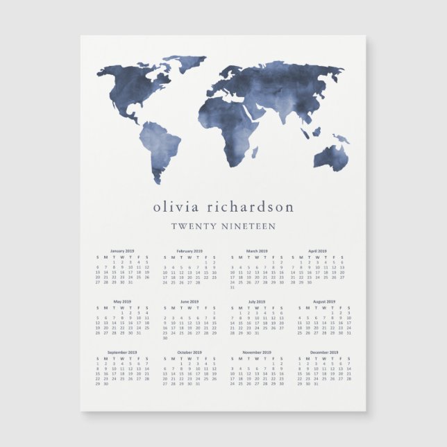 Blue Watercolor World Map | 2019 Calendar (Front)