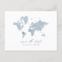 Blue watercolor world map wedding announcement