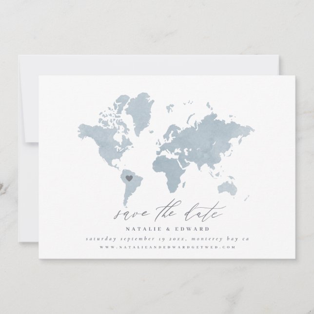 Blue watercolor world map wedding announcement (Front)