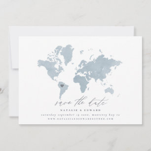 Blue watercolor world map wedding announcement
